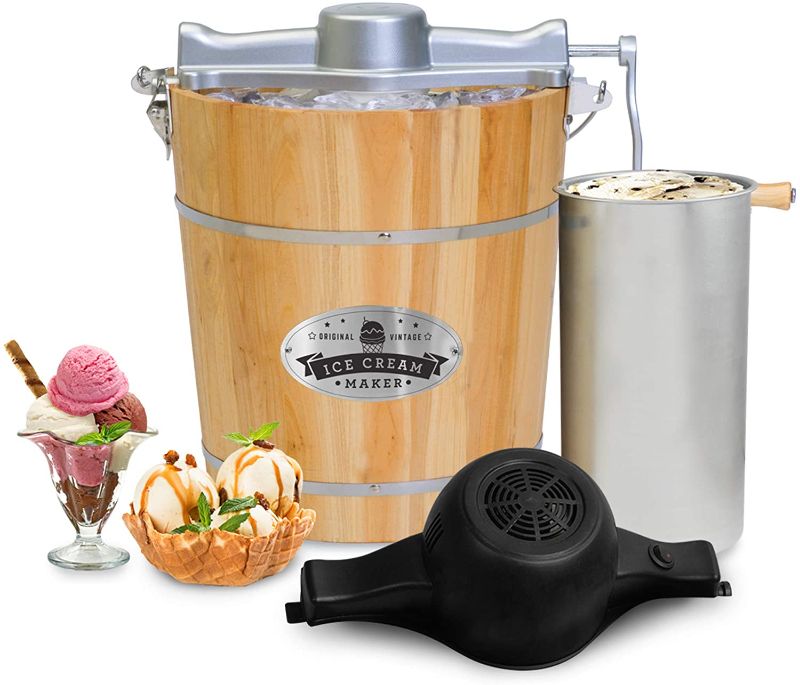 Photo 1 of Elite Gourmet Old Fashioned Vintage Appalachian Wood Bucket Electric Maker Machine, Bonus Classic Die-Cast Hand Crank, Uses Rock Salt Churns Ice Cream in Minutes, 4-Quart, Pine