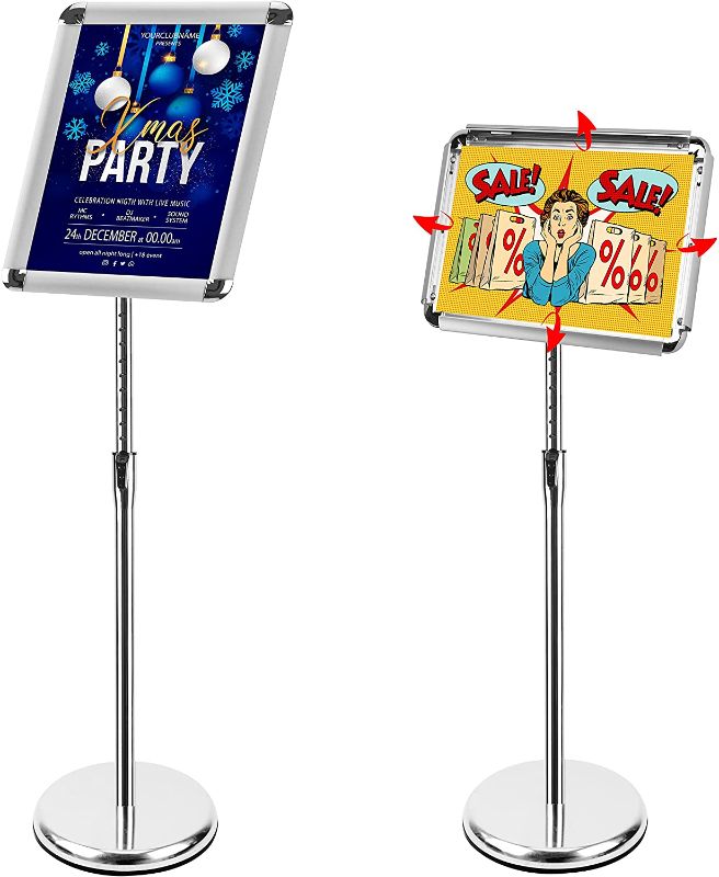 Photo 1 of Adjustable Sign Holder Stand, ZEGNEER Sign Stand with Base, Floor Sign for Display/Poster/Business/Shows/Restaurant/Store, Snap Open Frame, Aluminum, Sliver (11" x 17")
