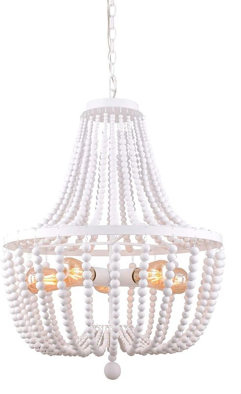 Photo 1 of Alice House 21" Wood Bead Chandeliers, Rustic White Finish, 5 Light Wood Beaded Pendant Light for Dining Room, Kitchen, Living Room, Entryway and Bedroom AL9031-P5
