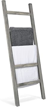 Photo 1 of (DAMAGED/CHIPPED OFF CORNER) 
MyGift Wall-Leaning Rustic Gray Wood Ladder-Style Blanket Rack
