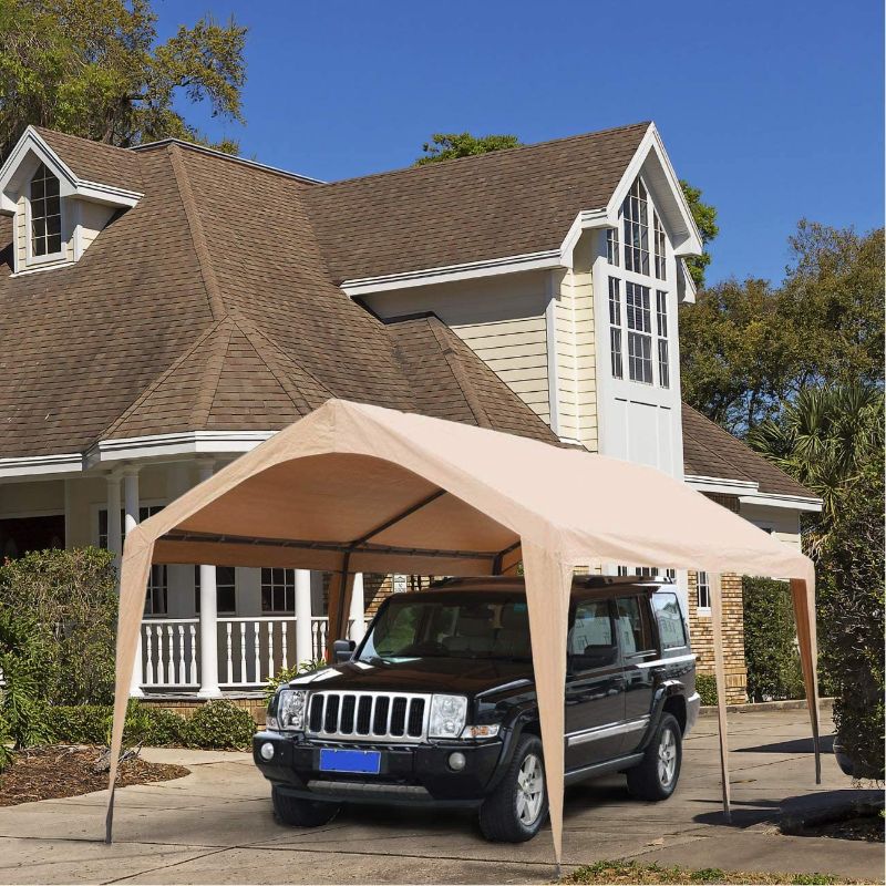 Photo 1 of Abba Patio 10x20 ft Heavy Duty Carport Car Canopy Portable Garage Boat Shelter with Fabric Pole Skirts for Party, Wedding, Garden Outdoor Storage Shed 6 Steel Legs, Cream
