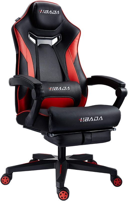 Photo 1 of HBADA GAMING CHAIR ERGONOMIC RACING CHAIR HIGH-BACK COMPUTER CHAIR WITH ADJUSTABLE HEIGHT LINKAGE ARMRESTS HEADREST AND LUMBAR SUPPORT E-SPORTS SWIVEL CHAIR FOOTREST, BLACK
