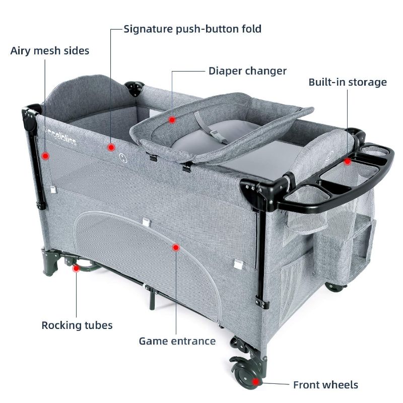 Photo 1 of ANGELBLISS 4 in 1 Baby Bassinet Beside Sleeper, Full-Size Crib with Washable Sheets, Playards Easy Folding, Playpen Include Thicken Mattress, Diaper Changer, Storage Basket for Babies (Grey)
