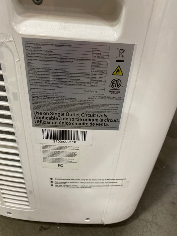 Photo 3 of ***PARTS ONLY*** Honeywell 10,000 BTU Portable Air Conditioner with Dehumidifier & Fan Cools Rooms Up To 450 Sq. Ft. with Remote Control, HJ0CESWK7, White/Black
