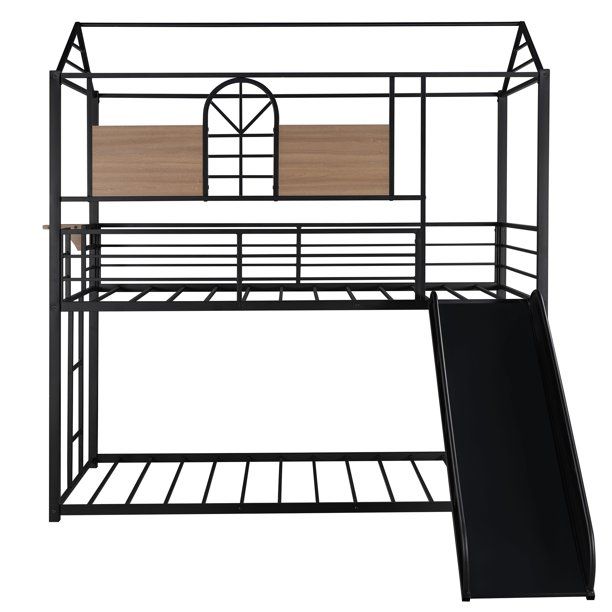 Photo 1 of **INCOMPLETE** Kids Metal Bunk Beds Twin over Twin, House Style Bunk Bed Frame with Slide, No Box Spring Required (Black)
BOX 2 OF 2