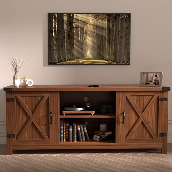 Photo 1 of  Modern TV Stand for TVs up to 65", Media Entertainment Center Table with Six Shelves and Storage Cabinets and Two Barn Doors, 58", White Oak
