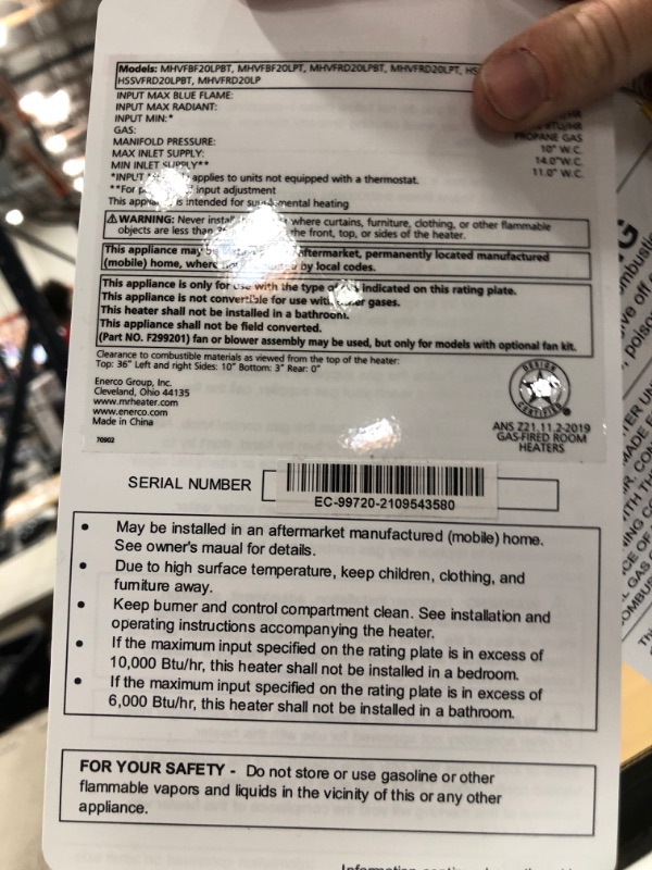 Photo 5 of *READ BELOW** Mr. Heater Camping Gear Vent-Free Blue Flame Propane Heater - 20000 BTU White Model: F299720
