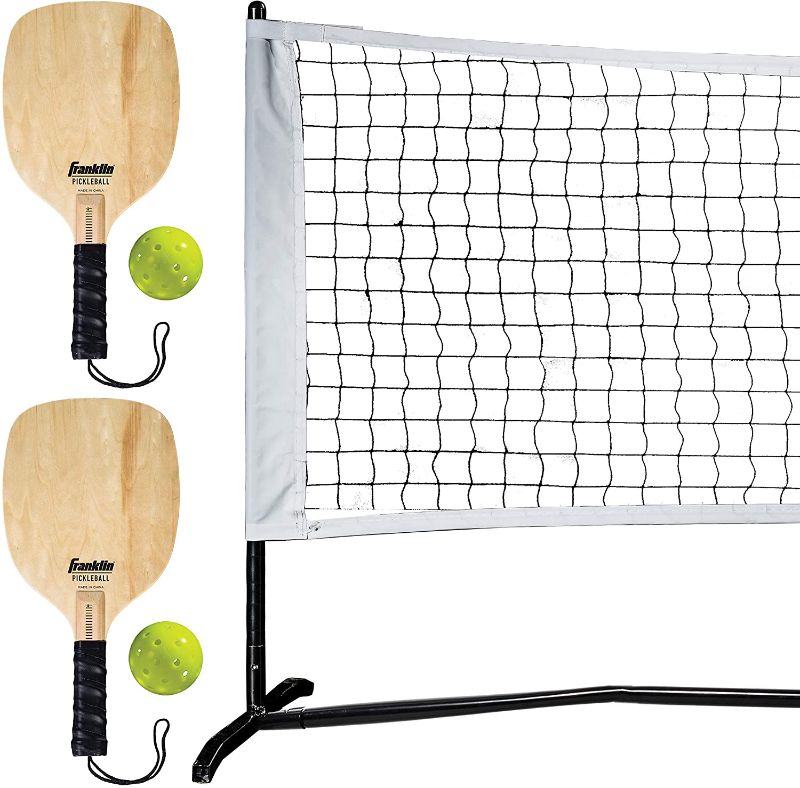 Photo 1 of Franklin Sports Pickleball Net Set with Paddles + Balls - Outdoor Portable Pickleball Court Net - (2) Pickleball Paddles + (2) Pickleballs - Half Court Set
