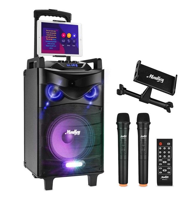 Photo 1 of *READ BELOW** Moukey Karaoke Machine Speaker,540W Peak Power Bluetooth 5.0 Karaoke System-Pa Stereo with 10" Subwoofer,Dj Lights,2 Microphone,1 Tablet Holder,Rechargeable,Recording,Mp3/Usb/Sd(Rms 160W to 540W Peak)
