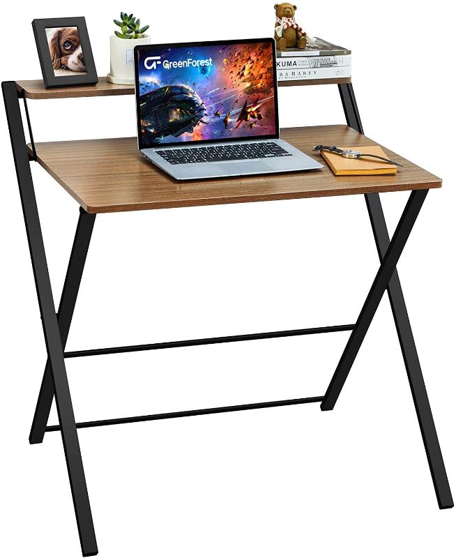 Photo 1 of GreenForest Folding Desk No Assembly Required, 2-Tier Small Computer Desk with Shelf Space Saving Foldable Table for Small Spaces, Espresso
