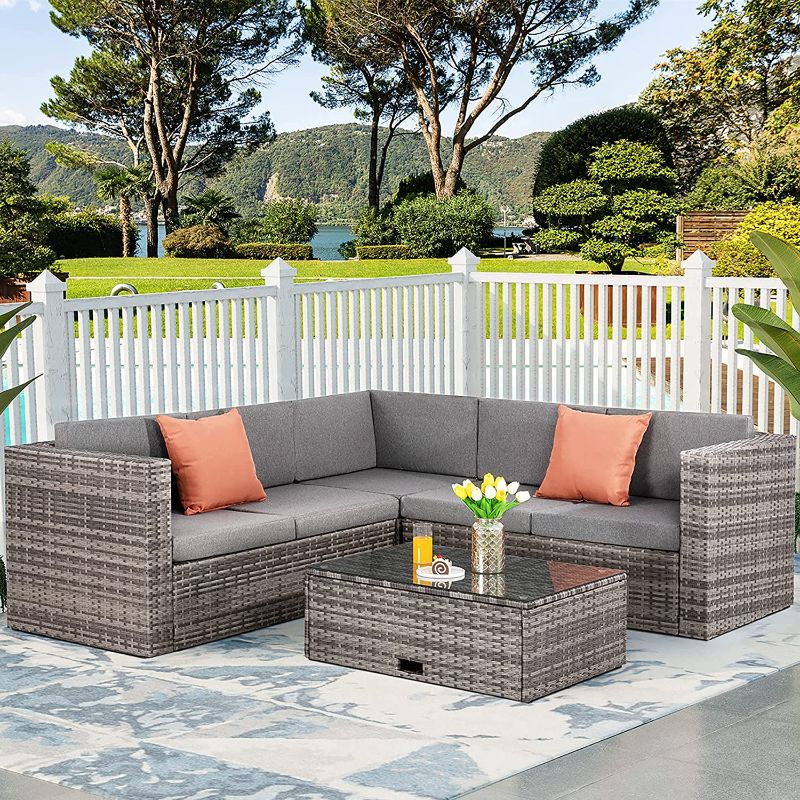 Photo 1 of ***INCOMPLET BOX 2 OF 2 ONLY***Vongrasig Outdoor Patio Furniture Set, All Weather PE Wicker Rattan Outdoor Sectional Furniture, L-Shaped Corner Patio Sofa Conversation Set with Storage Coffee Table & Pillows (4 Piece, Gray)

