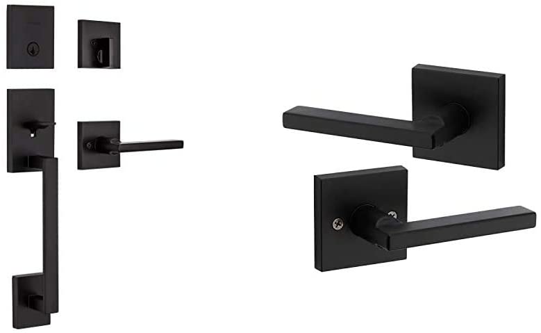 Photo 1 of **PARTS ONLY**Kwikset 98180-020 San Clemente Single Cylinder Low Profile Front Lock Handleset, Iron Black & 91540-029 Halifax Door Handle Lever with Modern Contemporary Slim Square Design for Home Hallway
