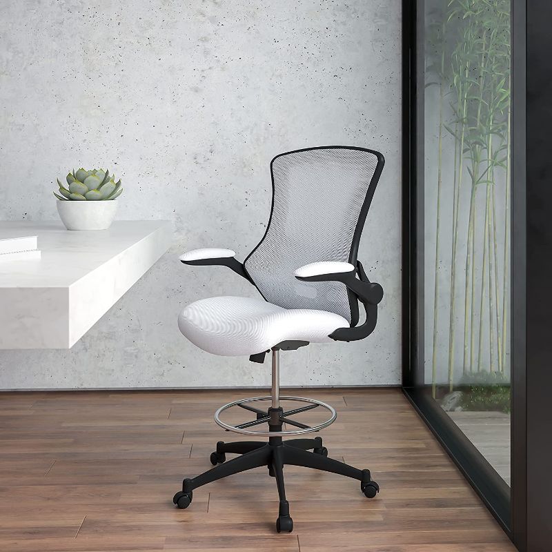 Photo 1 of INCOMPLETE** Flash Furniture Mid-Back White Mesh Ergonomic Drafting Chair with Adjustable Foot Ring and Flip-Up Arms
