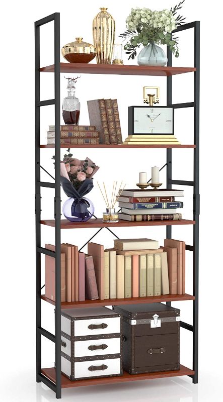 Photo 1 of 5 Tier Bookshelf, NUMENN Tall Bookcase Shelf Storage Organizer, Modern Book Shelf for Bedroom, Living Room and Home Office, Teak