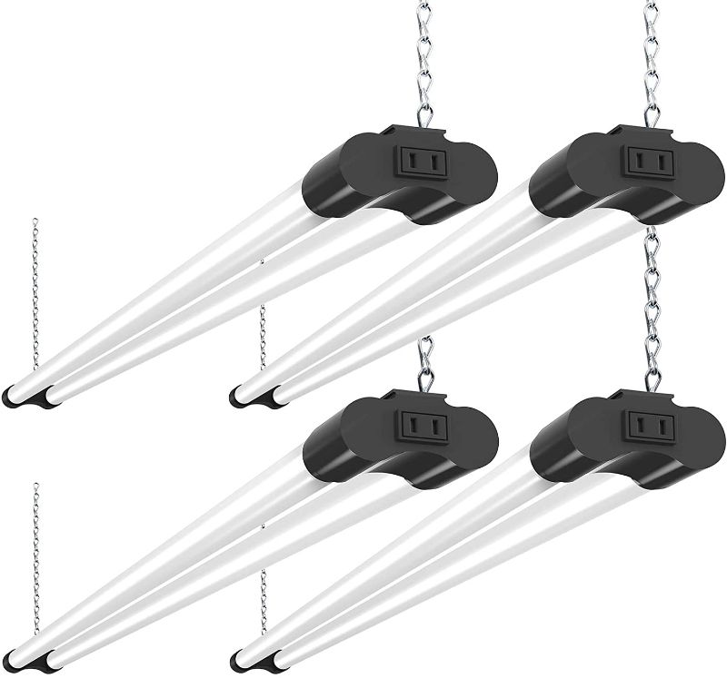 Photo 1 of BBOUNDER 4 Pack Linkable LED Utility Shop Light, 4 FT, 4000 LM, 48 Inch Integrated Fixture for Garage, 40W Equivalent 250W, 5000K Daylight, Surface + Suspension Mount, Black