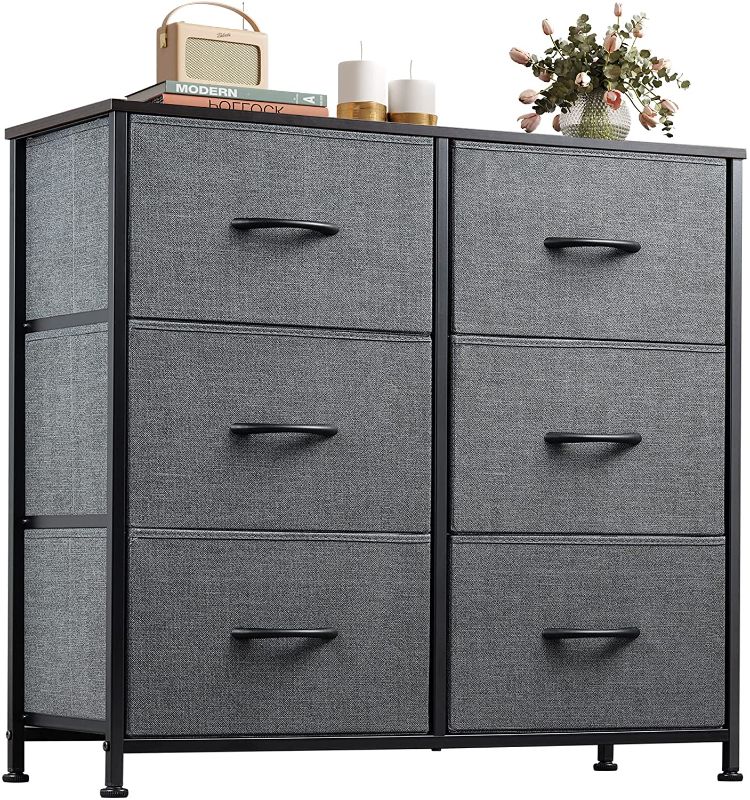 Photo 1 of **Similar To Stock Photo**
Dresser with 6 Drawers, Fabric Dresser, Tower Dresser for Bedroom, Hallway, Nursery, Entryway, Closets, Sturdy Metal Frame, Wood Tabletop, Easy Pull Handle, Black