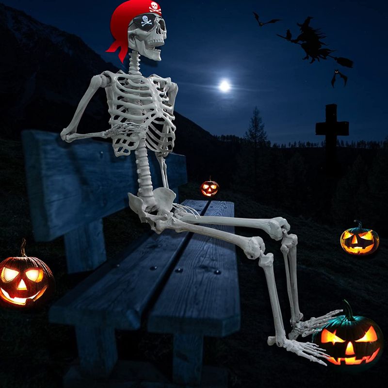 Photo 1 of ***Similar To Stock Photo***
 Life Size Skeleton Halloween Decorations - Posable Full Size Body Realistic Hanging Skeleton with Posable Limbs, Best Halloween Decors for Outdoor Graveyard Tree Indoor Haunted House