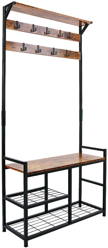 Photo 1 of ***Similar To Stock Photo***
HOMEKOKO Coat Rack Shoe Bench, Hall Tree Entryway Storage Bench, Wood Look Accent Furniture with Metal Frame, 3-in-1 Design