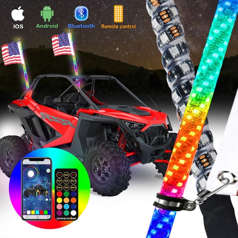 Photo 1 of omotor 2pcs 6ft LED Whip Lights with Bluetooth and Remote Control Spiral RGB Chase Light Offroad 360°Spiraling Rising Dream Wrapped Dancing Whips