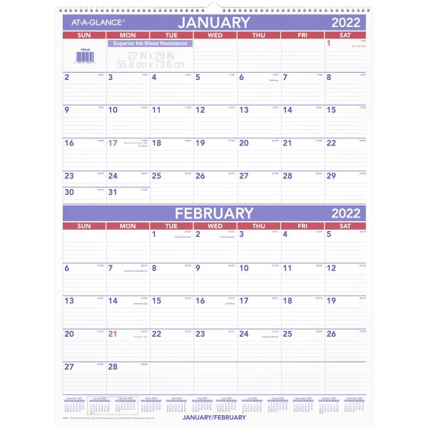 Photo 1 of 2022 at-a-GLANCE 29" X 22" Two-Month Calendar, White/Red/Purple (PM9-28-22)
