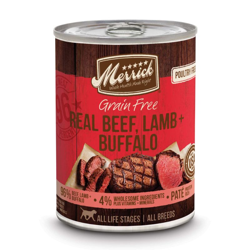 Photo 1 of 09/2023***Merrick Grain Free 96% Real Beef, Lamb Buffalo Canned Dog Food - 12.7 Oz, Case of 12
