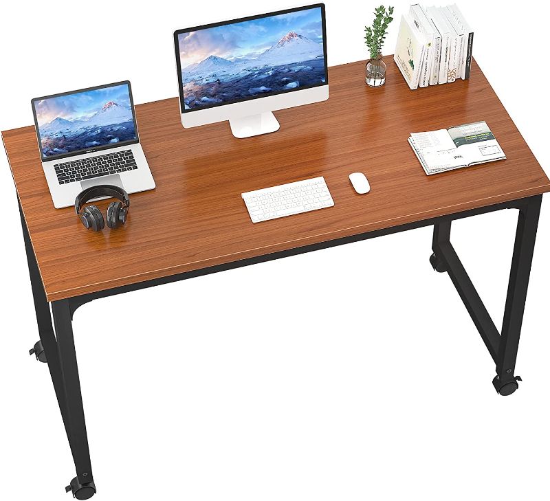 Photo 1 of Foxemart Rolling Desks with Wheels, 47 Inch Portable Computer Desk with Locking Caster, Modern Mobile Writing Study Home Office Desk, Movable Sturdy Laptop Rolling Table, Teak
