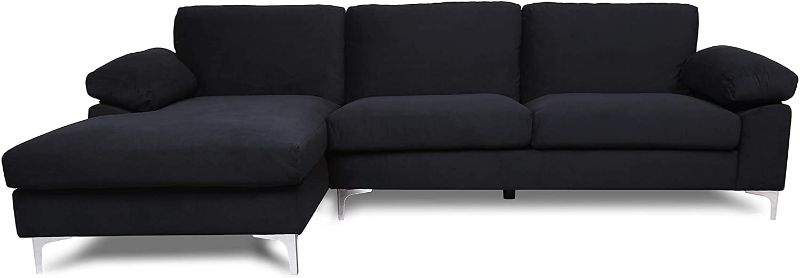 Photo 1 of ***BOX 2 OF 2 ONLY*** Black Sectional Sofa W/Lounger Chaise,JULYFOX Overstuffed Left Hand 3 Seater Velvet Fabric Couch L-Shaped Extra Wide Pillow Armrest 42.5 in Longer Lounger Chaise for Small Spaces, box 2/2