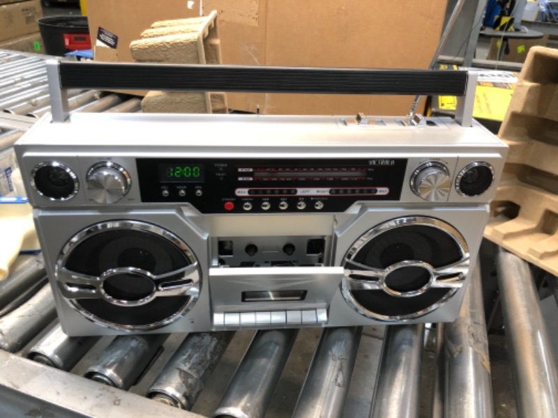 Photo 5 of Victrola 1980s Retro Bluetooth Boombox with Cassette Player and AM/FM Radio, Wired and Wireless Streaming, Classic 80s Style with Modern Technology, Silver
