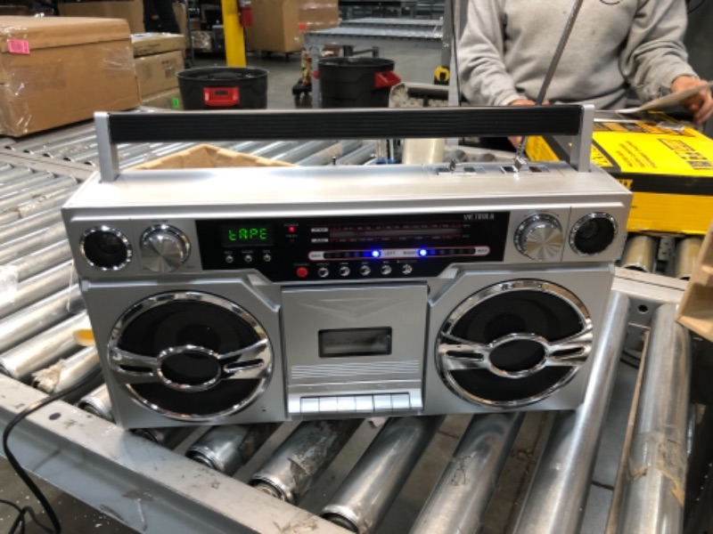 Photo 6 of Victrola 1980s Retro Bluetooth Boombox with Cassette Player and AM/FM Radio, Wired and Wireless Streaming, Classic 80s Style with Modern Technology, Silver
