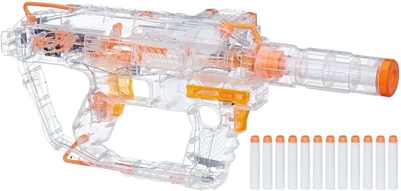 Photo 1 of Evader Modulus Nerf Motorized Light-Up Toy Blaster Includes 12 Official Nerf Darts, 12-Dart Clip, Light-Up Barrel Extension, Multicolor (Amazon Exclusive)
