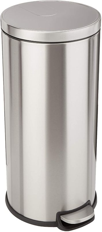 Photo 1 of **DIRTY FROM PREVIOUS USE**
Amazon Basics 30 Liter / 7.9 Gallon Round Soft-Close Trash Can with Foot Pedal - Stainless Steel
