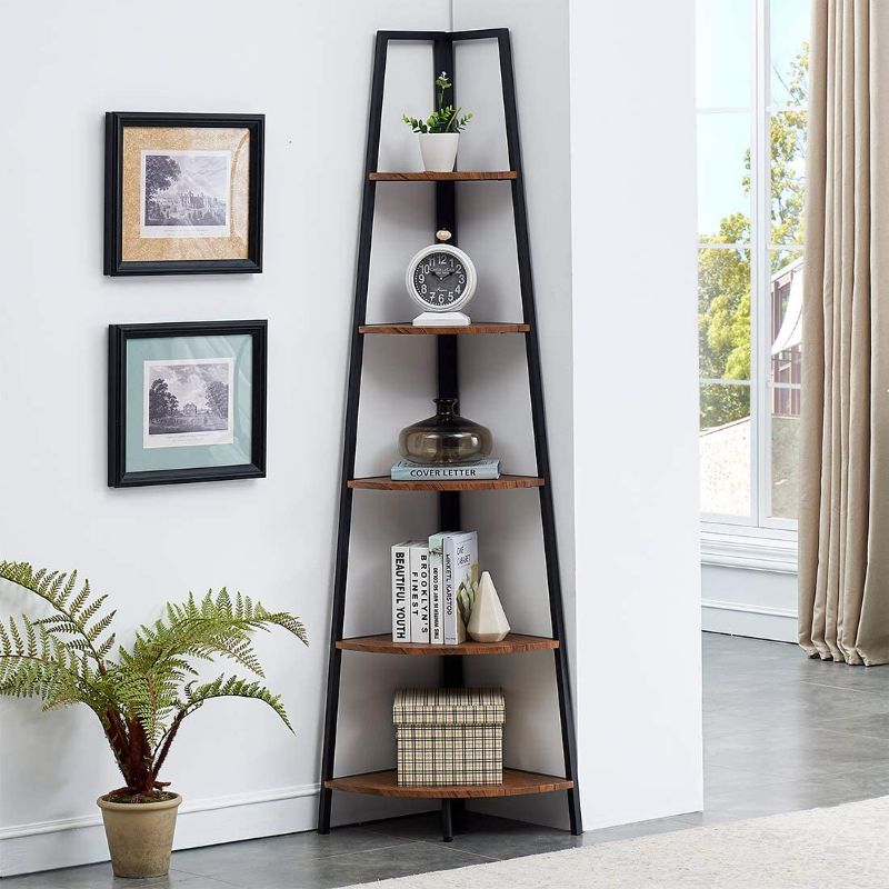 Photo 1 of **SIMILAR TO STOCK PHOTO**HARDWARE INCOMPLETE**
O&K FURNITURE Industrial Tall Corner Bookshelf, 5 Tier Corner Display Unit Shelves, Brown Finish
