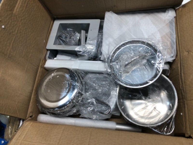 Photo 1 of Jumbl Kids Kitchen Set, Pretend Wooden Play Kitchen, Battery Operated Icemaker & Microwave with Realistic Sound, Pots & Pan Included - White
