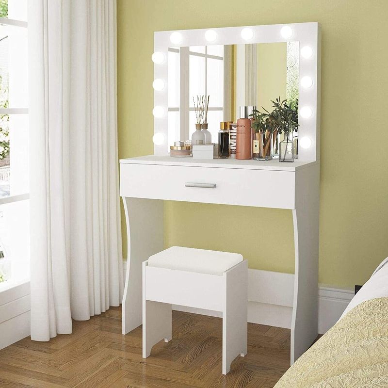 Photo 1 of **DAMAGED AND MISSING HARDWARE**,SIMILAR TO STOCK PHOTO**
Vanity Table Set with Lighted Mirror - Makeup Vanity with Lights, Adjustable Brightness, Large Drawer Sturdy Wood Vanity, White
