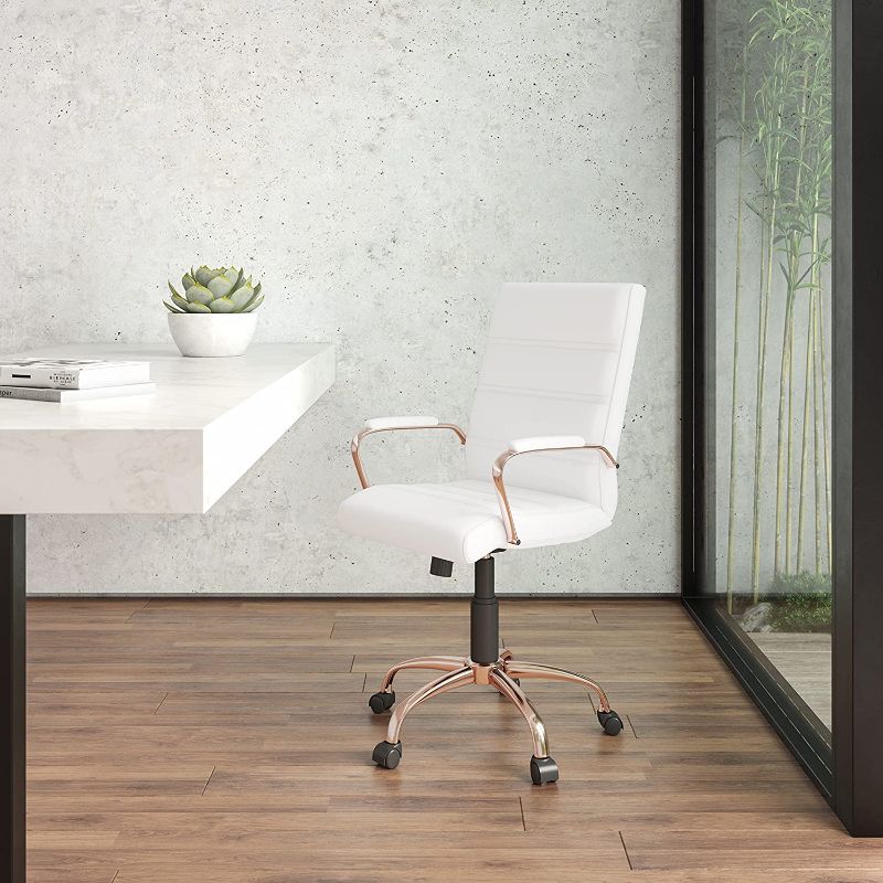 Photo 1 of Flash Furniture Mid-Back Desk Chair - White LeatherSoft Executive Swivel Office Chair with Rose Gold Frame - Swivel Arm Chair