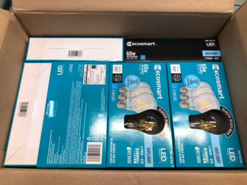 Photo 3 of 12 BOXES OF 4**EcoSmart
60-Watt Equivalent A19 Dimmable Energy Star Clear Filament Vintage Style LED Light Bulb Daylight (4-Pack)