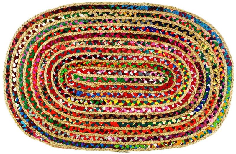 Photo 1 of  - 3X5' Feet Oval Rag Rug - Jute and Cotton Multi Chindi Braid Rug