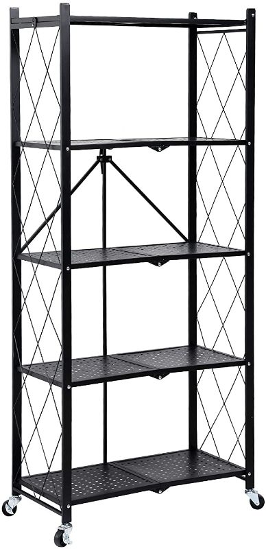 Photo 1 of  5-Tier Heavy Duty Foldable Metal Rack Storage Shelving Unit with Wheels Moving Easily Organizer Shelves Great for Garage Kitchen Holds up to 1250 lbs Capacity, Black
