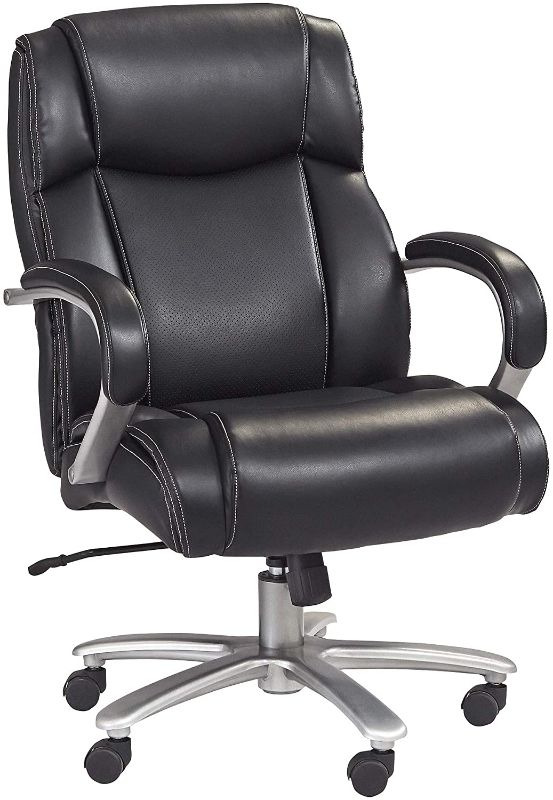 Photo 1 of Safco Big and Tall Mid Back Rolling Swivel Task Desk Chair Padded Arms, 400 lbs. Weight Capacity, Adjustable Height, Tilt, Work or Home Office, Black Bonded Leather Seat
