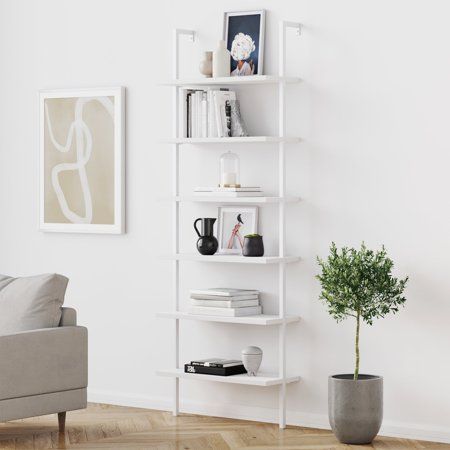 Photo 1 of (parts only item) Nathan James Theo 6-Shelf Tall Bookcase Wall Mount Bookshelf White Wood with White Metal Frame White  -sold as-is-
