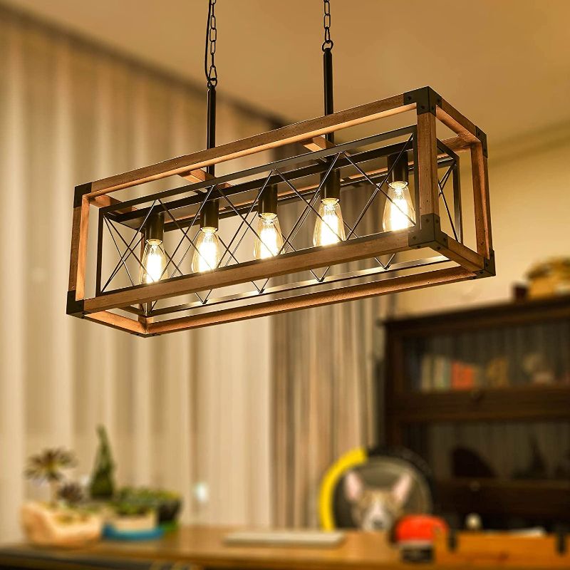 Photo 1 of ***Electrical wire cut*** Trongee Farmhouse Island Lighting, Industrial 5-Light Wood & Metal Linear Pendant Chandelier for Dining Room Hanging Rectangle Rustic Chandelier for Kitchen Island, Living Room, Bar, Restaurant
