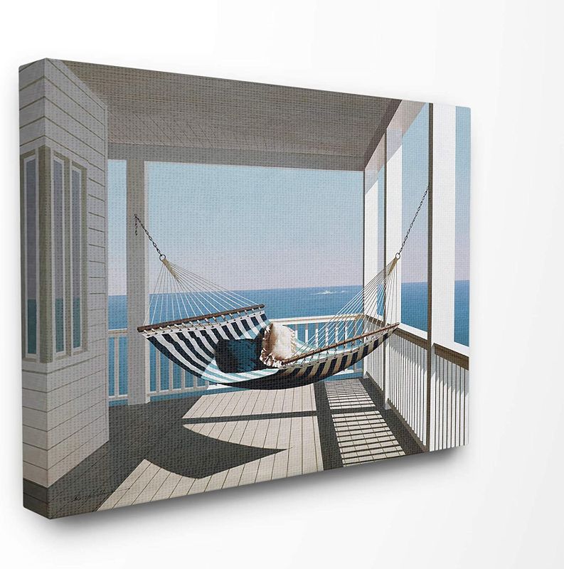 Photo 1 of **USED, CANVAS FRAME IS BROKEN **
Stupell Industries Blue and White Striped Hammock on The Beach House Porch Canvas Wall Art, 24 x 30, Multi-Color
