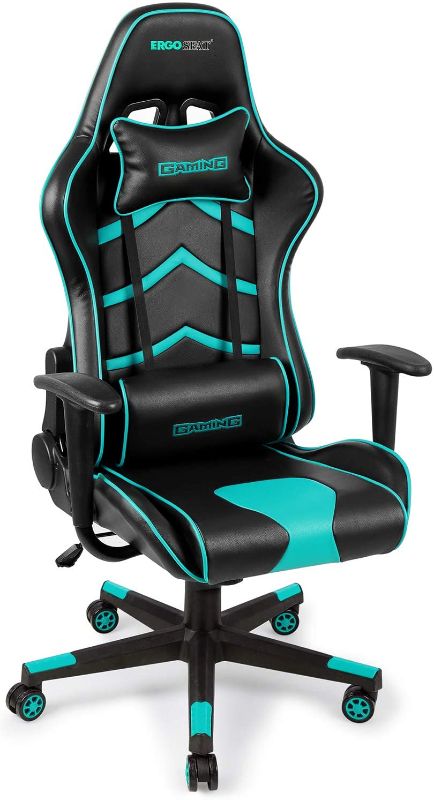 Photo 1 of Gaming Chair PU Leather Executive Ergonomic Office Chair Rolling Racing PC Desk Chair Backrest and Seat Height Adjustment Recliner Swivel Rocker with Headrest and Lumbar Pillow?Black/Light Blue?
