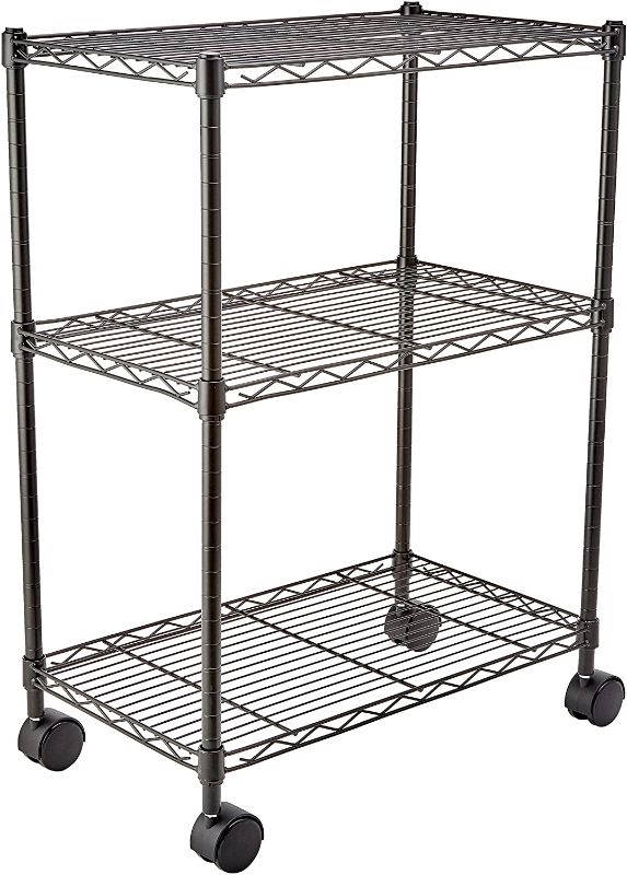 Photo 1 of Amazon Basics 3-Shelf Heavy Duty Shelving Storage Unit on 2" Wheel Casters, Metal Organizer Wire Rack, 23.2"L x 13.4"W x 32.75"H - Black
