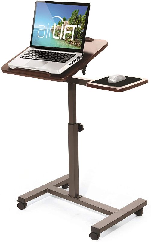 Photo 1 of Seville Classics Height Adjustable Sitting Mobile Laptop Desk Cart Ergonomic Table, Tilt with Side (28"), Walnut 16"D x 28"W x 27.5"H

