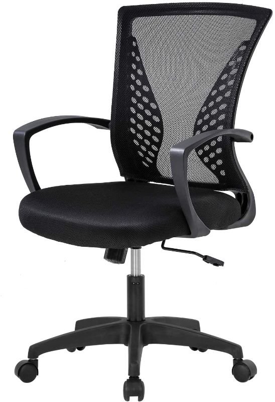 Photo 1 of Home Office Chair Mid Back PC Swivel Lumbar Support Adjustable Desk Task Computer Ergonomic Comfortable Mesh Chair with Armrest (Black) 19.3"D x 17.7"W x 40.4"H

