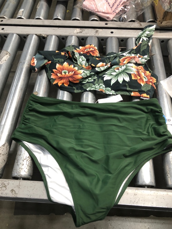 Photo 2 of Dark Green Floral One Shoulder Ruffle High Waisted Bikini
XXL