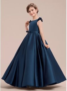 Photo 1 of *** CHAMPAGNE COLOR  NOT NAVY BLUE ****** 
Ball Gown Floor-length Flower Girl Dress - Satin Sleeveless Scoop Neck With Bow(s)
SIZE 8 