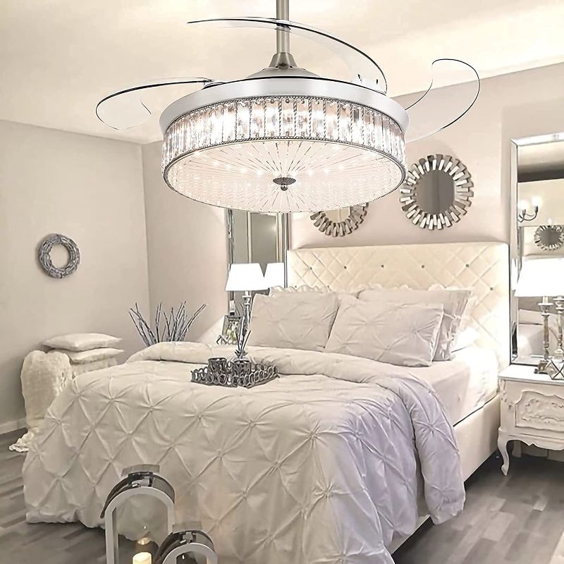 Photo 1 of ** SIMILAR TO STOCK  PHOTO **** Retractable Ceiling Fan with Light, Crystal Chandelier Ceiling Fans Indoor with Light for Bedroom Living Room (Chrome Silver)