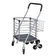 Photo 1 of 3-Wheel Steel Easy Climb Shopping Cart Design with Accessory Basket in Silver
